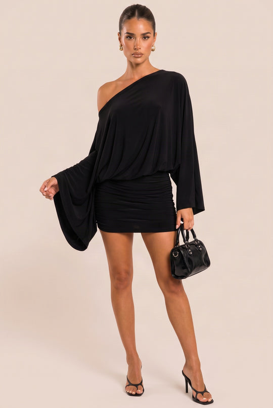 Black Asymmetric Batwing Mini Dress - Neema