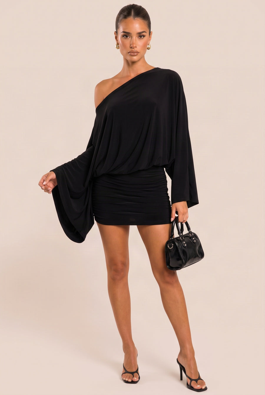 Black Asymmetric Batwing Mini Dress - Neema