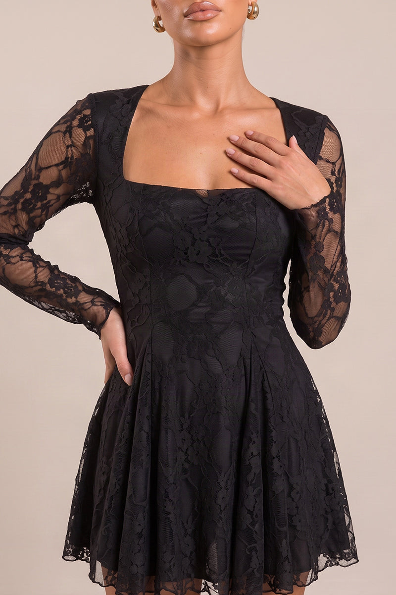 Black Lace Godet Detail Long Sleeve Mini Dress - Calliope
