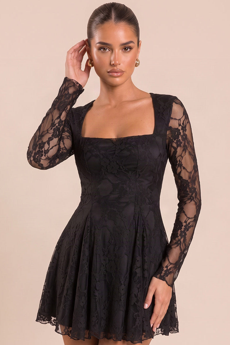 Black Lace Godet Detail Long Sleeve Mini Dress - Calliope