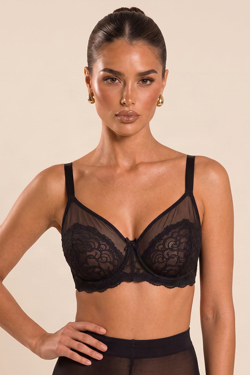 Black Lace Detail Mesh Underwired Bra - Zaina