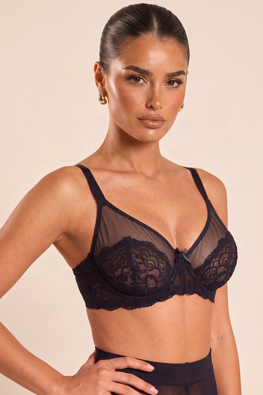 Black Lace Detail Mesh Underwired Bra - Zaina