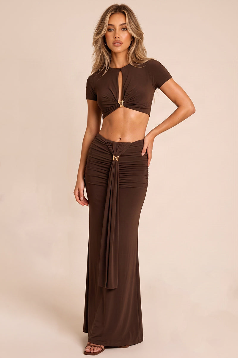 Chocolate Slinky Trim Crop Top and Maxi Skirt Co-Ord Set - Ivy