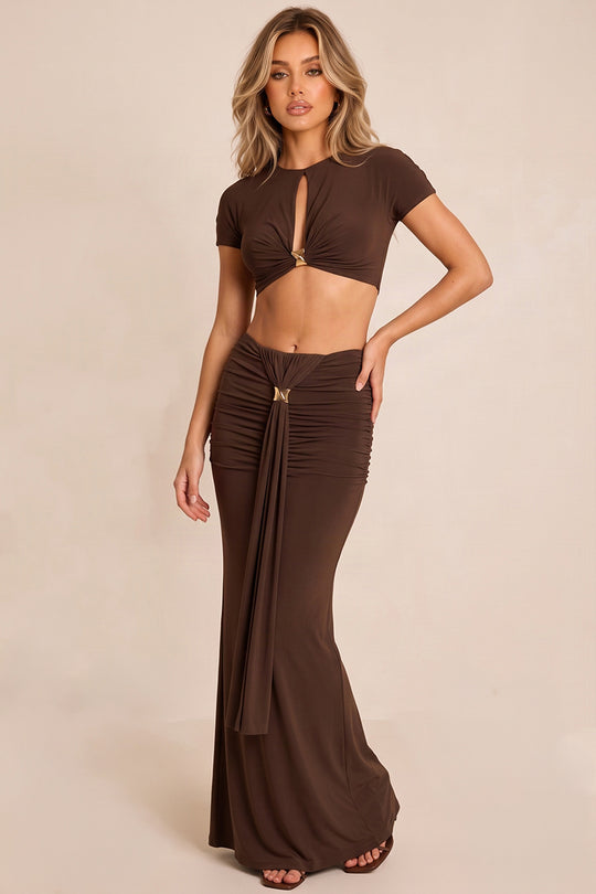 Chocolate Slinky Trim Crop Top and Maxi Skirt Co-Ord Set - Ivy