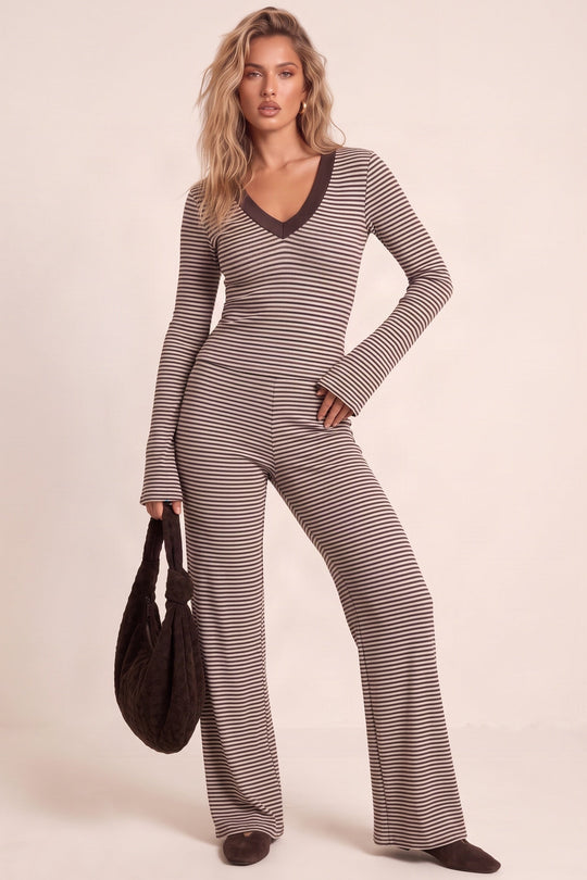 Brown V Neck Stripe Long Sleeve Top and Trousers Loungewear Co-ord Set - Mykee