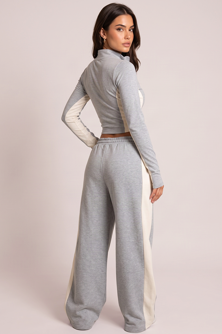 Light Grey Long Sleeve High Neck Zip Front Top - Alaya