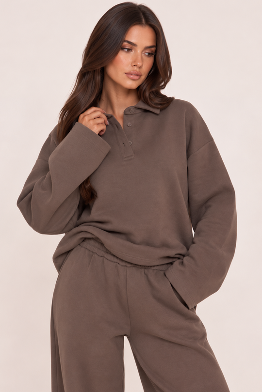 Brown Polo Collar Wide Sleeve Sweatshirt - Deniz