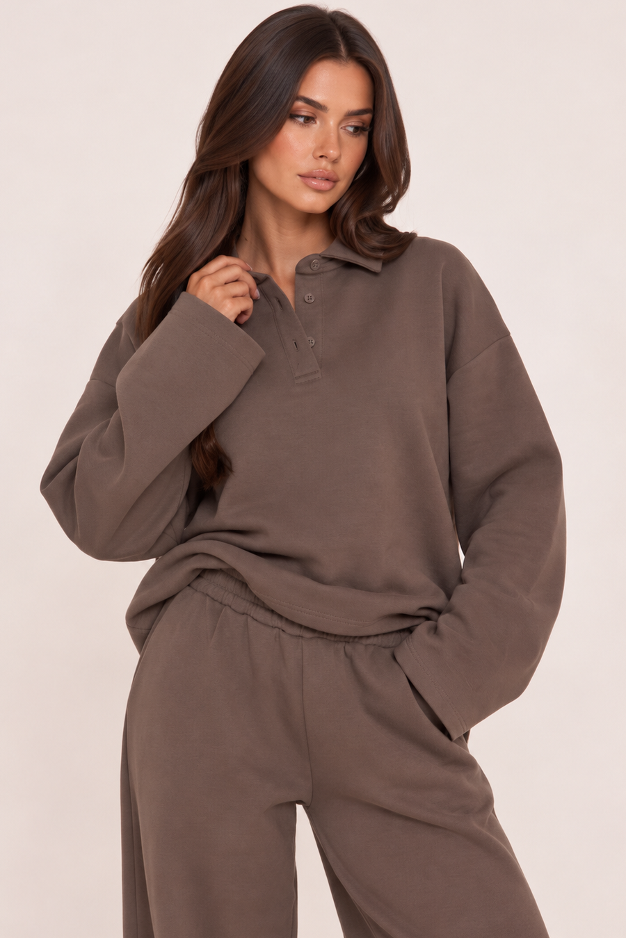Brown Polo Collar Wide Sleeve Sweatshirt - Deniz