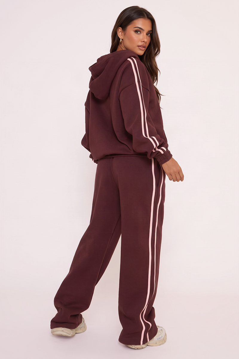 Burgundy Contrast Side Stripe Essential Graphic Detail Oversized Zip Up Hoodie - Anahi