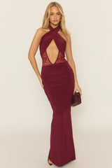 Wine Lace Insert Cut Out Maxi Dress - Allana
