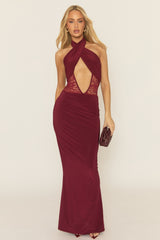 Wine Lace Insert Cut Out Maxi Dress - Allana