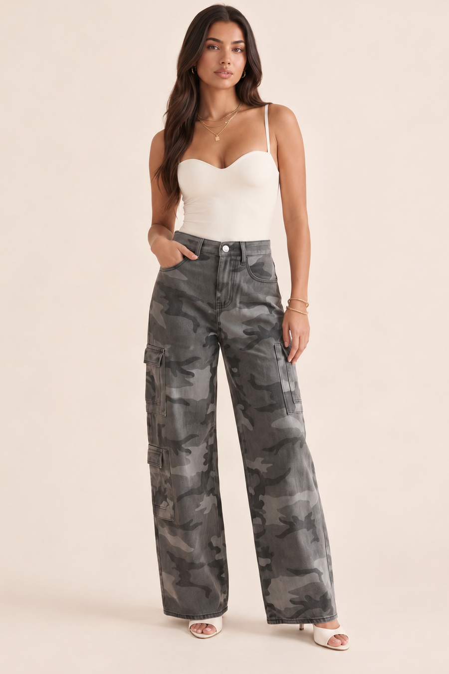 Grey Camo Print Wide Leg Cargo Jeans - Amara