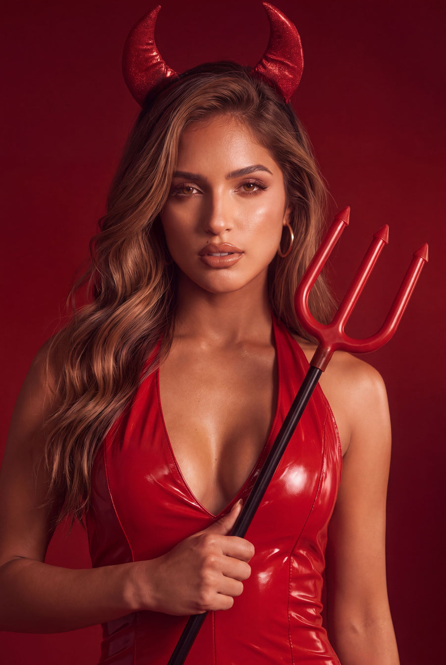 Red PU Faux Leather Plunge Halterneck Mini Dress - Jolia
