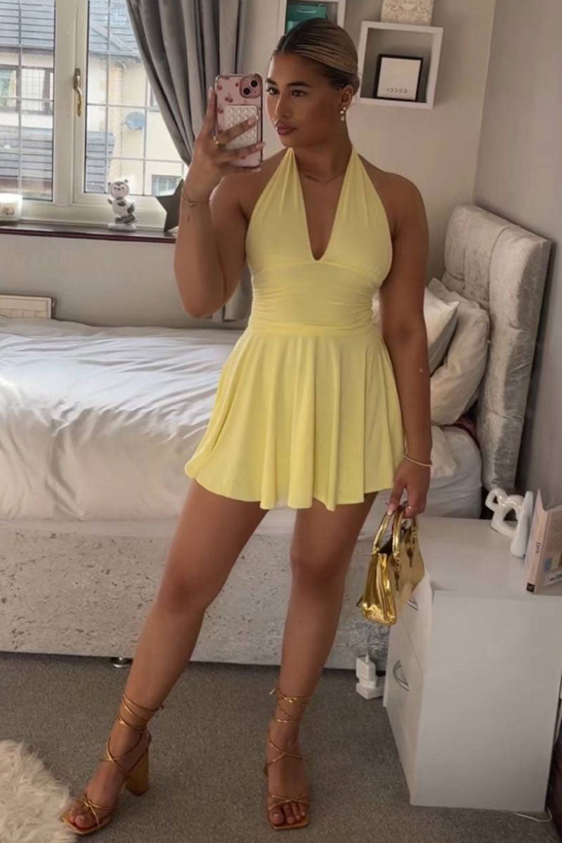 Yellow Halter Plunge Neck Mini Dress - Pippa Rebellious Fashion Yellow Halter Plunge Neck Mini Dress - Pippa Rebellious Fashion