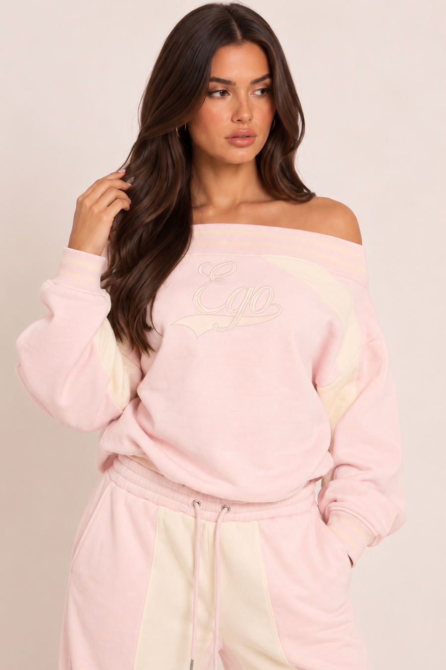 Pink Oversized Bardot Contrast Stripe Sweatshirt - Katarina