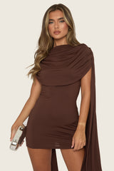 Chocolate Gathered Cape Mini Dress - Miyar