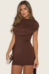 Chocolate Gathered Cape Mini Dress - Miyar