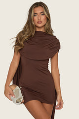 Chocolate Gathered Cape Mini Dress - Miyar