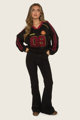 Black Applique Detail Varsity Sweater - Emela