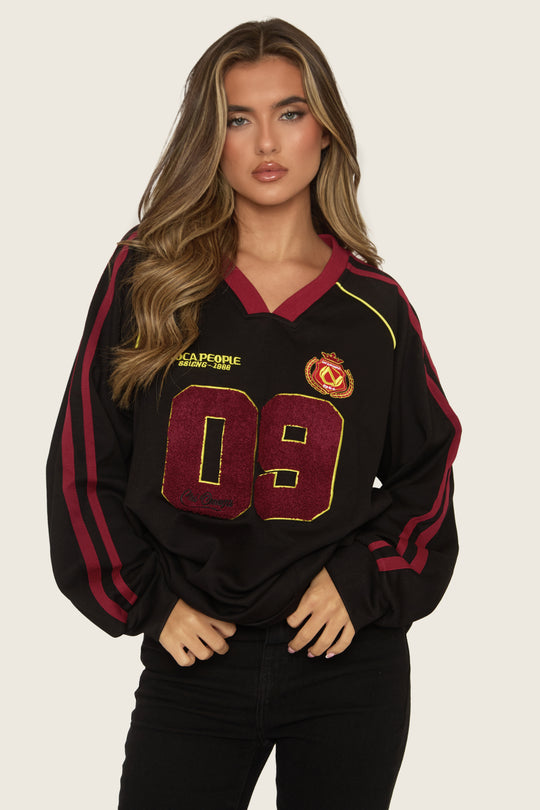 Black Applique Detail Varsity Sweater - Emela