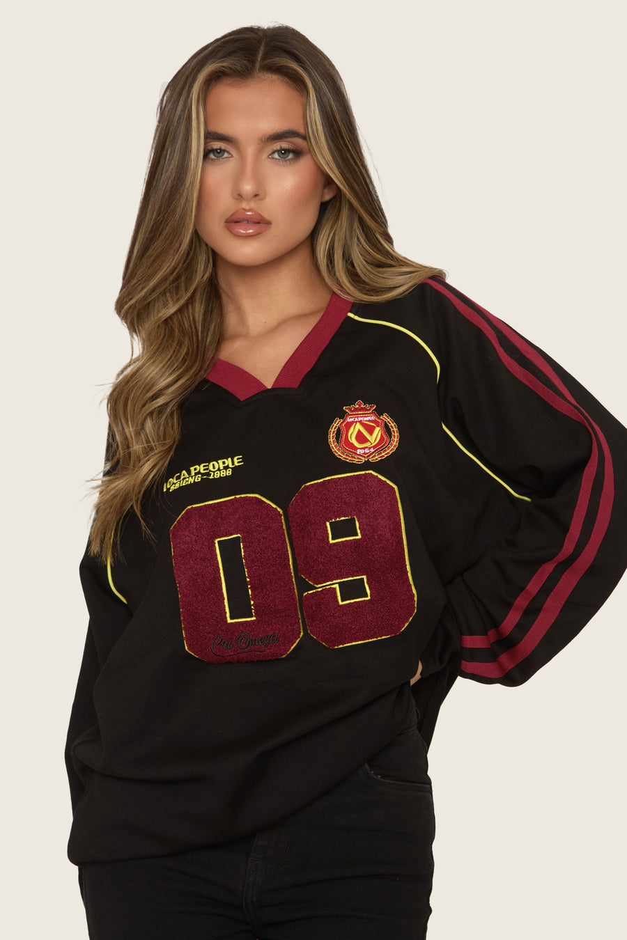 Black Applique Detail Varsity Sweater - Emela