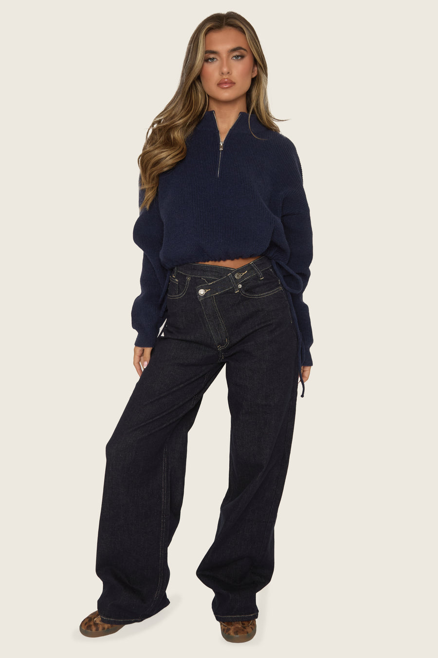 Navy Knitted Quarter Zip Sweater - Joey