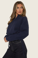 Navy Knitted Quarter Zip Sweater - Joey