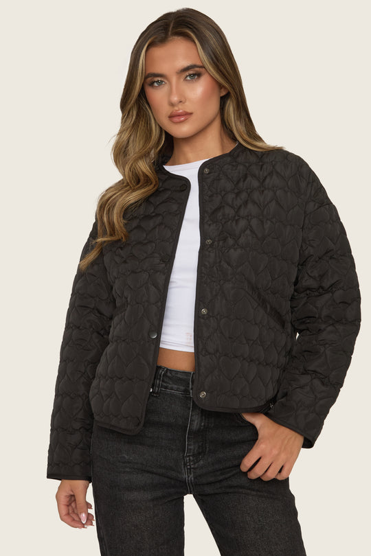 Black Heart Quilted Popper Front Jacket - Kathleen