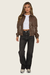 Chocolate Faux Leather Collared Zip Front Bomber Jacket - Tamsyn