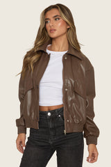 Chocolate Faux Leather Collared Zip Front Bomber Jacket - Tamsyn