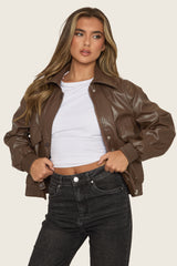 Chocolate Faux Leather Collared Zip Front Bomber Jacket - Tamsyn