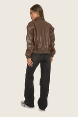 Chocolate Faux Leather Collared Zip Front Bomber Jacket - Tamsyn