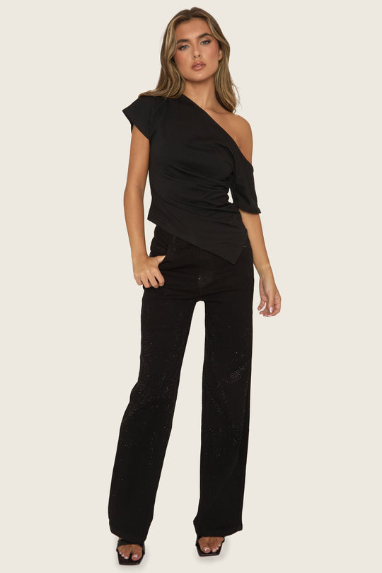 Black Stretch Denim Diamante Wide Leg Jeans - Nuala