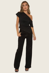 Black Stretch Denim Diamante Wide Leg Jeans - Nuala