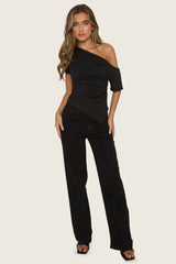 Black Stretch Denim Diamante Wide Leg Jeans - Nuala