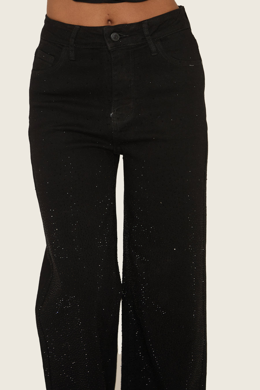 Black Stretch Denim Diamante Wide Leg Jeans - Nuala