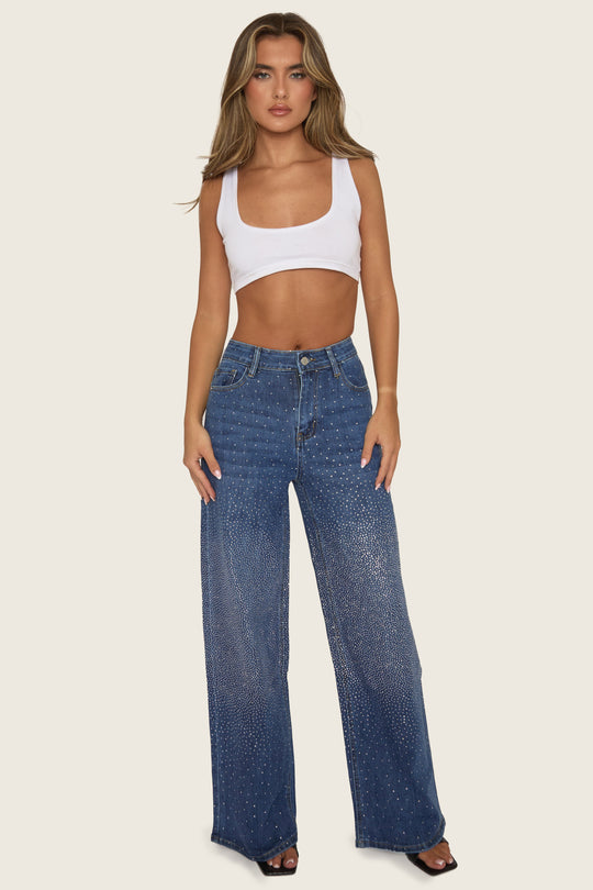 Mid Blue Diamante Stretch Denim Wide Leg Jeans - Nuala