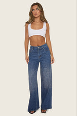 Mid Blue Diamante Stretch Denim Wide Leg Jeans - Nuala