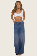 Mid Blue Diamante Stretch Denim Wide Leg Jeans - Nuala