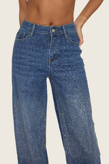 Mid Blue Diamante Stretch Denim Wide Leg Jeans - Nuala