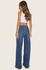 Mid Blue Diamante Stretch Denim Wide Leg Jeans - Nuala