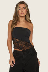 Black Lace Bandeau Asymmetric Top - Roseen