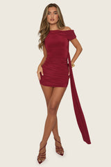 Wine Slinky Off Shoulder Drape Mini Dress - Olivia