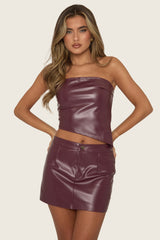 Wine Faux Leather Bandeau Asymmetric Top and Mini Skirt Co-ord Set - Zarina