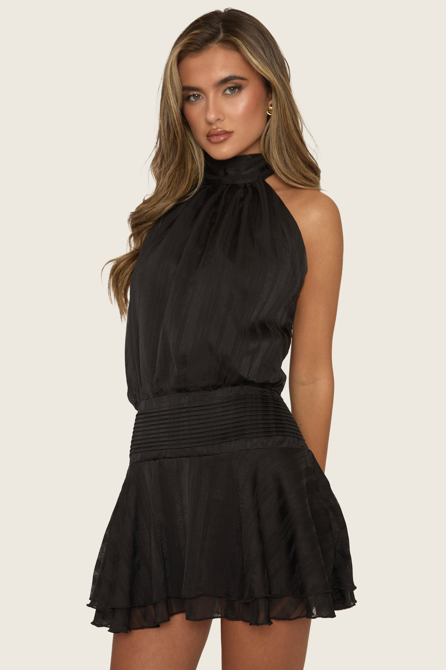 Black Halter Neck Blouson Ruffle Mini Dress - Geena