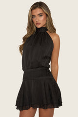 Black Halter Neck Blouson Ruffle Mini Dress - Geena