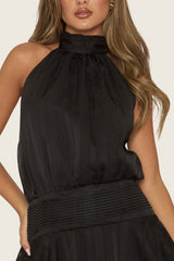 Black Halter Neck Blouson Ruffle Mini Dress - Geena