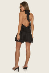 Black Halter Neck Blouson Ruffle Mini Dress - Geena