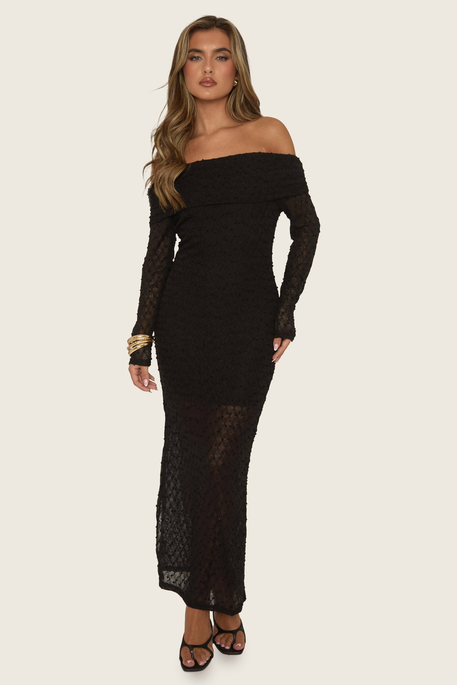 Black Textured Knit Bardot Midaxi Dress - Aafie