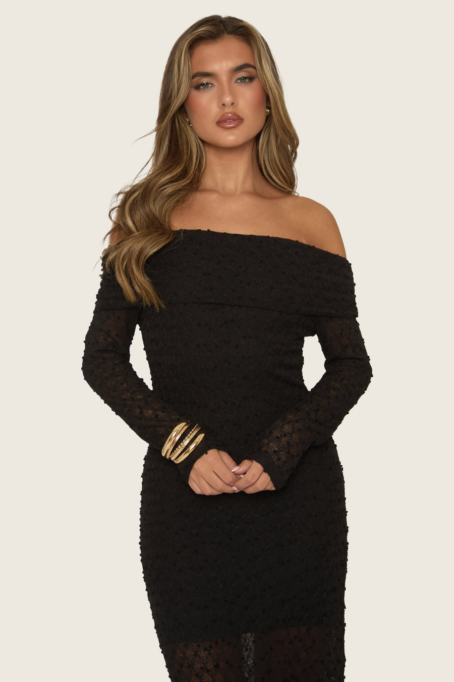 Black Textured Knit Bardot Midaxi Dress | Dresses